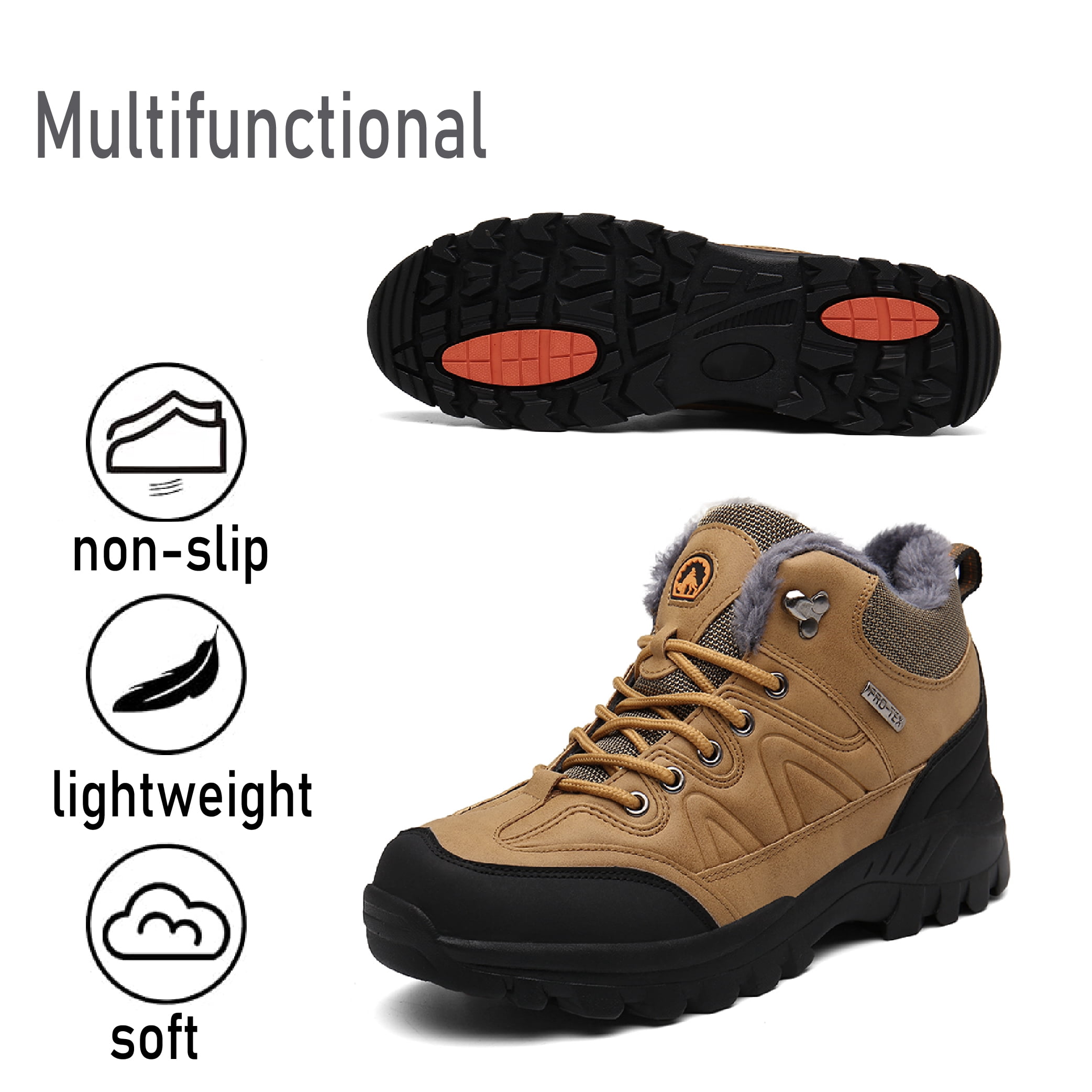 Mens Hiking Snow Boots Padded Warm Cotton Shoes Non-slip Lightweight Sneakers Waterproof Fur Lined Bare Boots Brown 10.5 UK
