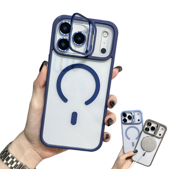 Clear Case with Folding Lens Holder Phone Case for iPhone 17 Pro Max, Foldable Stand Shockproof Transparent Magnetic Protective Cover with Lens Protection (Blue, for iPhone17Pro)
