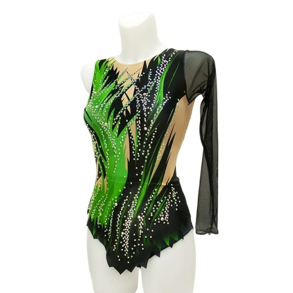 LIUHUO Customizable Single Shoulder Rhythmic Gymnastics Leotard with Green Patterns Sparkling Decor Ideal Women Girls
