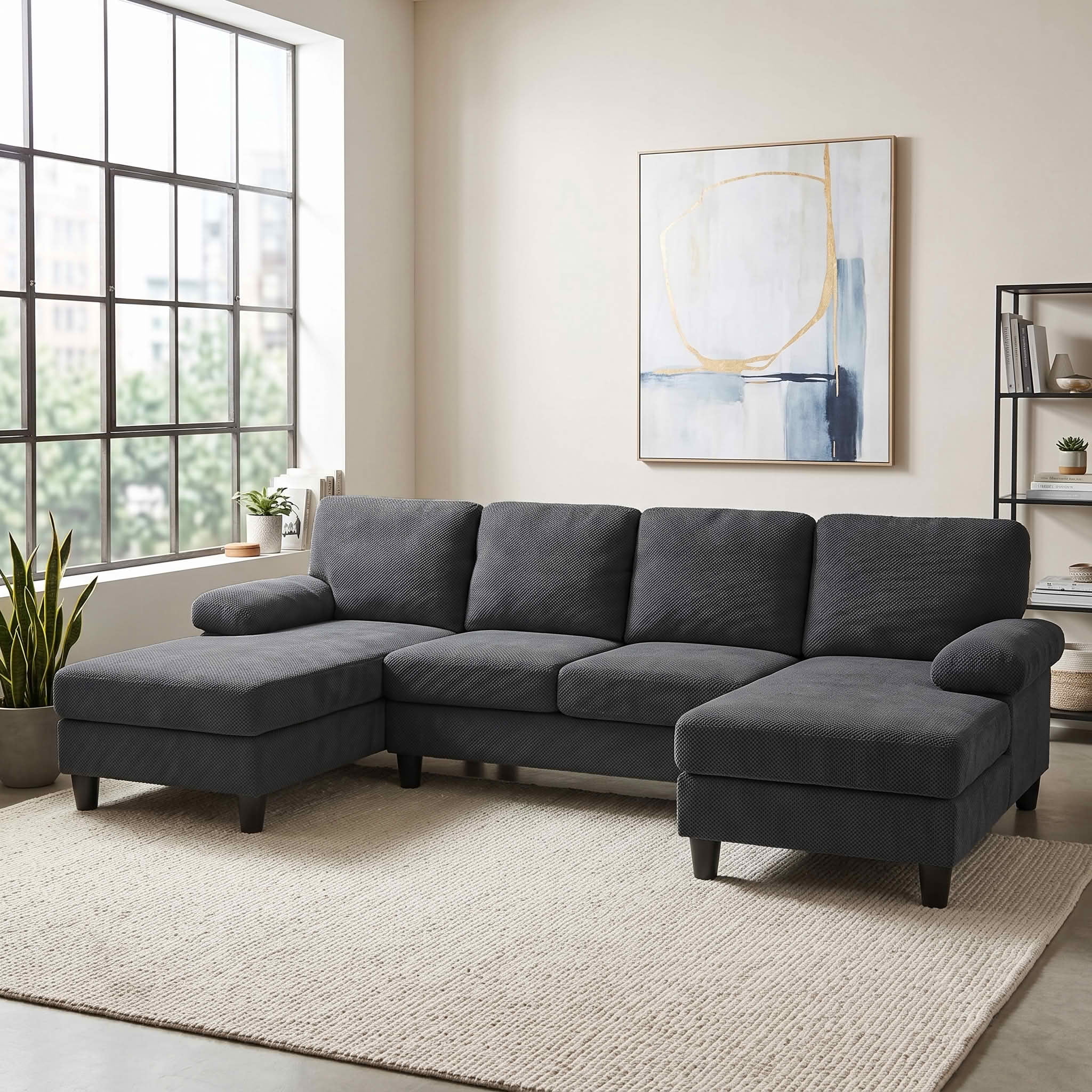 MAYEERTY 104" U‑Shaped Sectional Sofa, Nubby Textured Upholstery Couch with Dual Chaise & Plush Upholstered Armrests, Modern Living Room Furniture