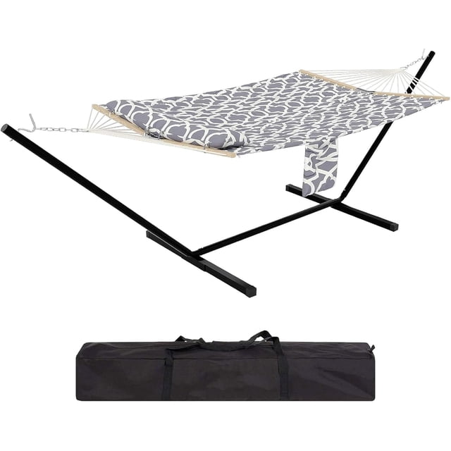 Hamac Double avec Support, Hamac Portable avec Cadre en Acier Renforcé et Sac de Rangement, Capacité de 450 Lb, Rayé