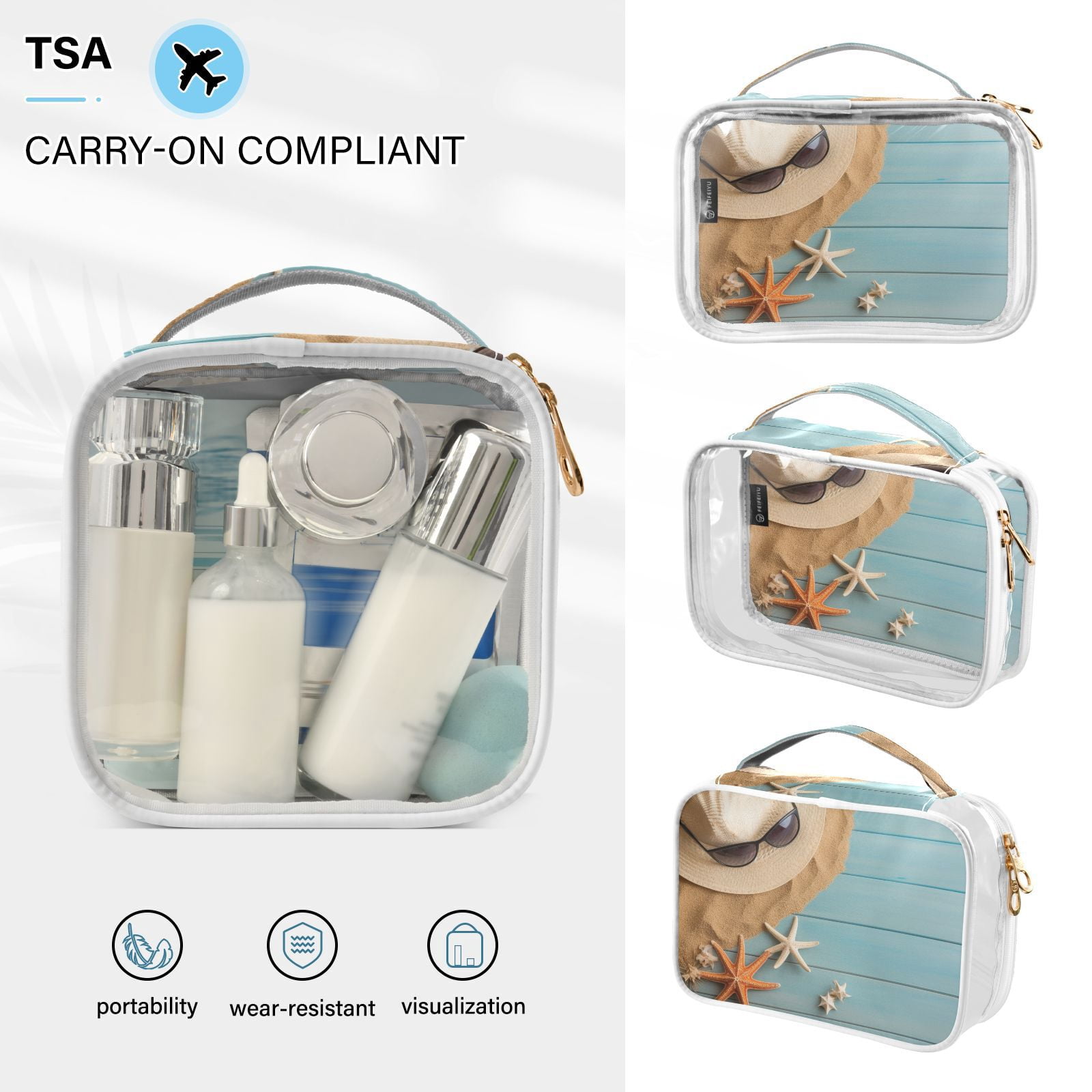 Clear Makeup Bags with Handle Large Opening 2 Pack Set Toiletry Bag Quart Size Bag, for Women Man Traveling Travel Essentials, Toiletries and Other. Holiday Beach Starfish