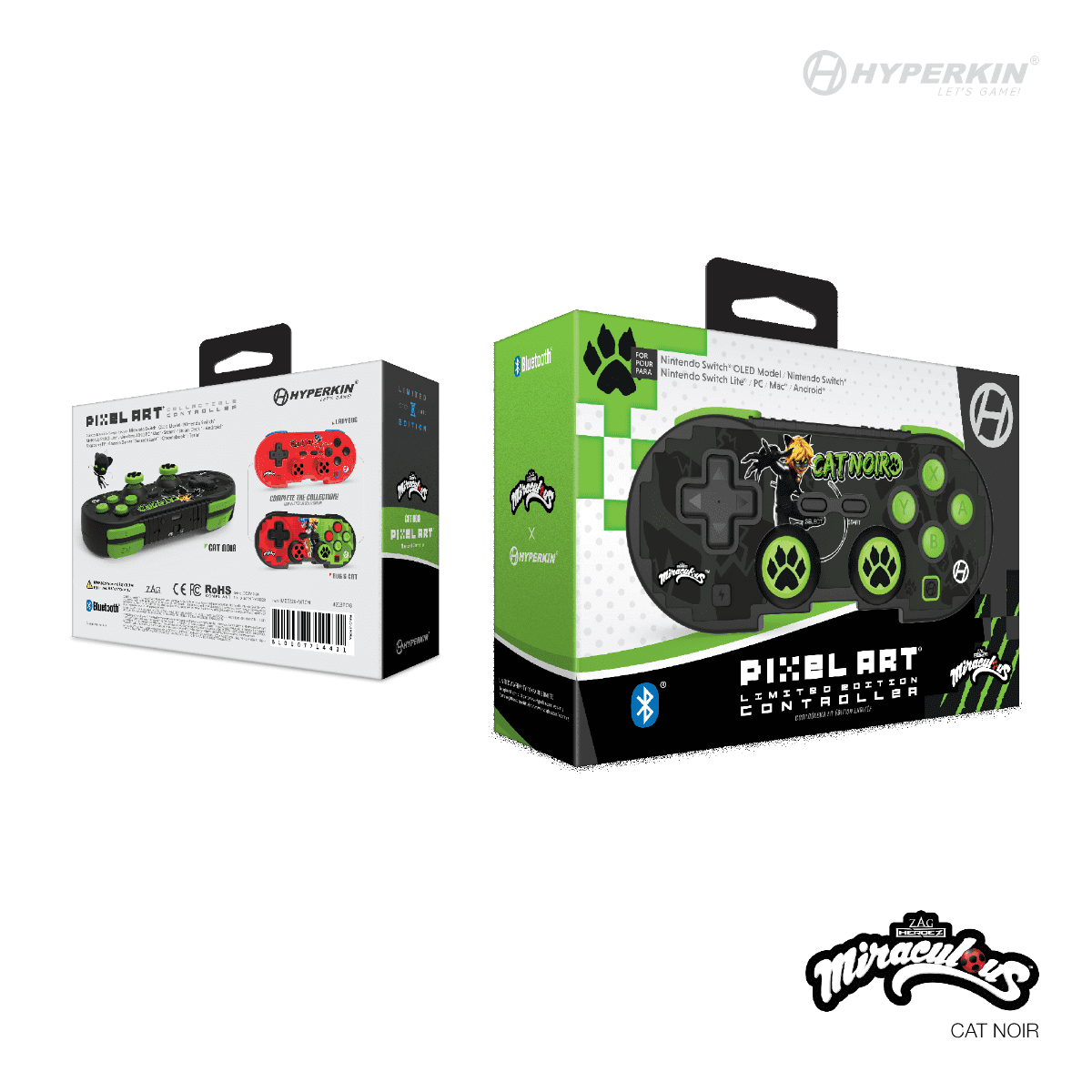 Officially Licensed Miraculous x Hyperkin Limited Edition Pixel Art Bluetooth Controller for Switch, Switch OLED, Windows 10/11, PC, Mac, Android, iOS (Cat Noir)
