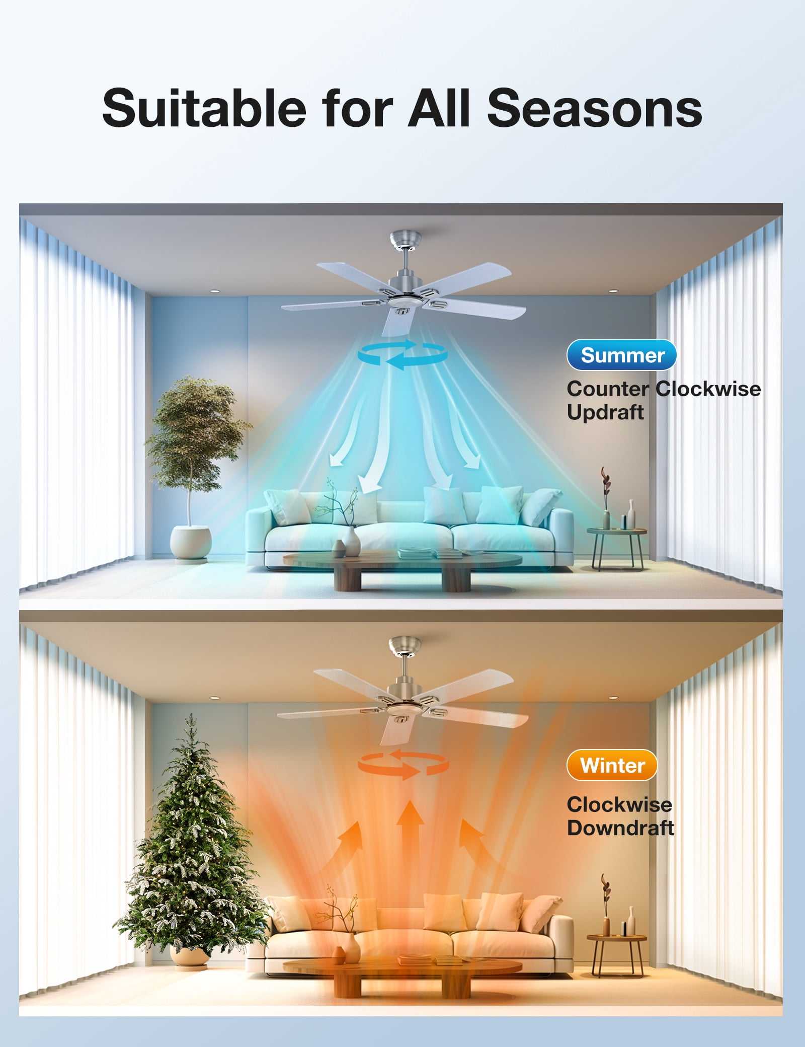 Warmiplanet 52" 5-Blade Sand Nickel Modern Ceiling Fan with Remote Control - 6 Speeds, 3 Color Temperatures, DC Motor, Reversible & Timer