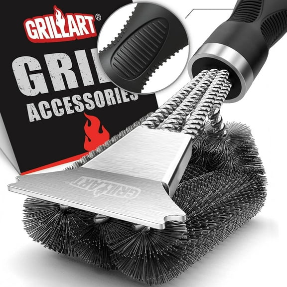 Grill Brush and Scraper, Extra Strong BBQ Cleaner Accessories, Safe Wire Bristles Barbecue Triple Scrubbers Cleaning Brush for Gas/Charcoal Grilling Grates, Wizard Tool BR-8115