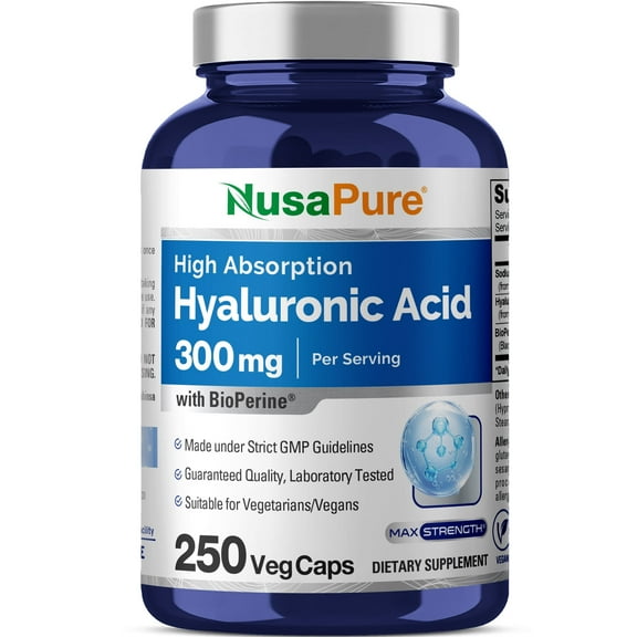 NusaPure Hyaluronic Acid 300mg 250 Veggie Capsules (Non-GMO & Gluten Free)