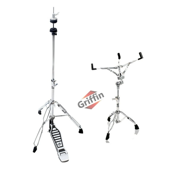 2-PACK Drum Hardware Set- Hi-Hat Stand & Snare Drum Stand by Griffin Hi Hat Cymbal Pedal With Pull Chain Chrome Double Braced Kit Mount Basket for Standard Snares, Tom Drums & Practice Pad