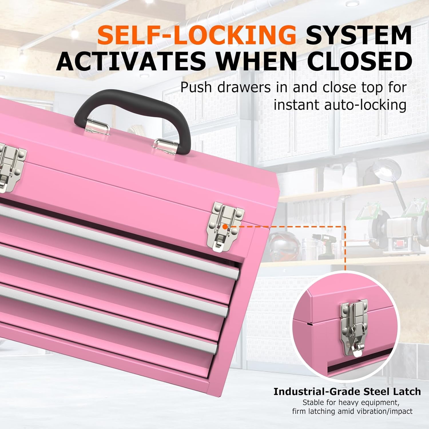 Portable Metal Tool Box with Drawers, Latches Tool Box with EVC Liners, Heavy Duty Tool Chest with Powder Coating for Garage, Office and Home (Pink)