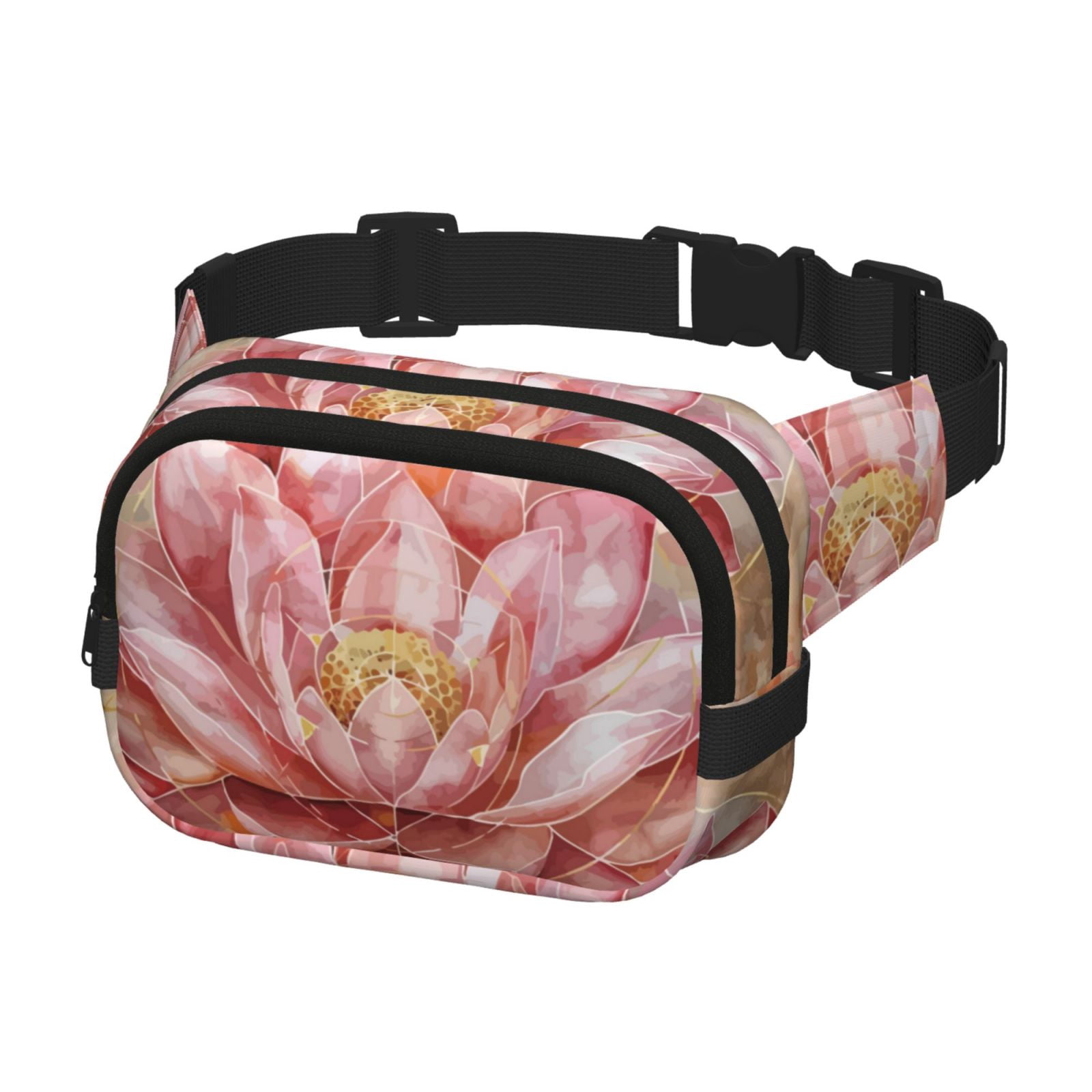 Picia Pink Lotus Print Square Double-Layer Waist Bag Mini Adjustable Waist Belt Bag Exercise Running Travel Hiking