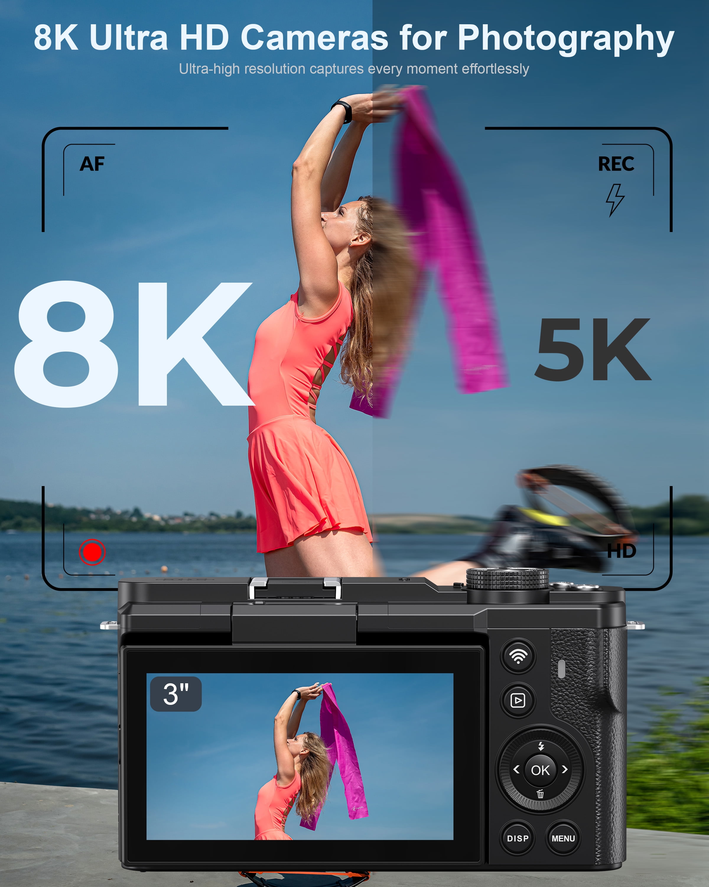 MARVUE 8K Digital Cameras for Photography WiFi Autofocus 88MP 18X Zoom Vlogging Camera for Youtube with 3" 180° Flip Screen, 64GB Card