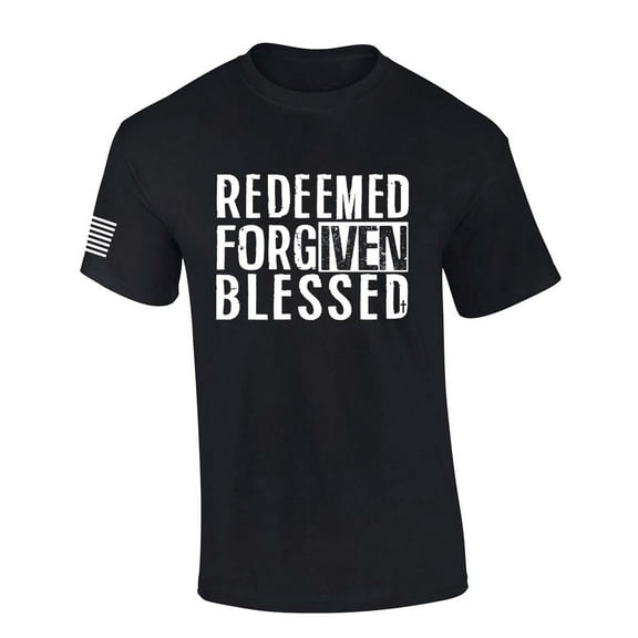 Mens Christian Shirt Redeemed Forgiven Blessed Scripture American Flag Sleeve T-shirt Graphic Tee-Black-medium