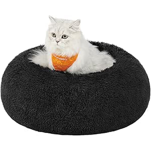 FEANDREA Cama de Perros, Cama para Mascotas, Diámetro de 50 cm, Cojín Central Extraíble y Lavable, Alfombra de Felpa, Negro Tinta