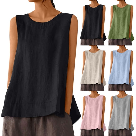 Huanglei Womens's Tank Top Thick Strap Round Neck Loose Linen Casual Sleeveless Top (Black, Large)