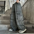 thumbnail image 2 of KAUOD Boys Cargo Baggy Jeans Crinkle Texture Wrinkled Denim Pants Loose Straight Trousers Big Pockets Y2k Hip Hop Streetwear, 2 of 9
