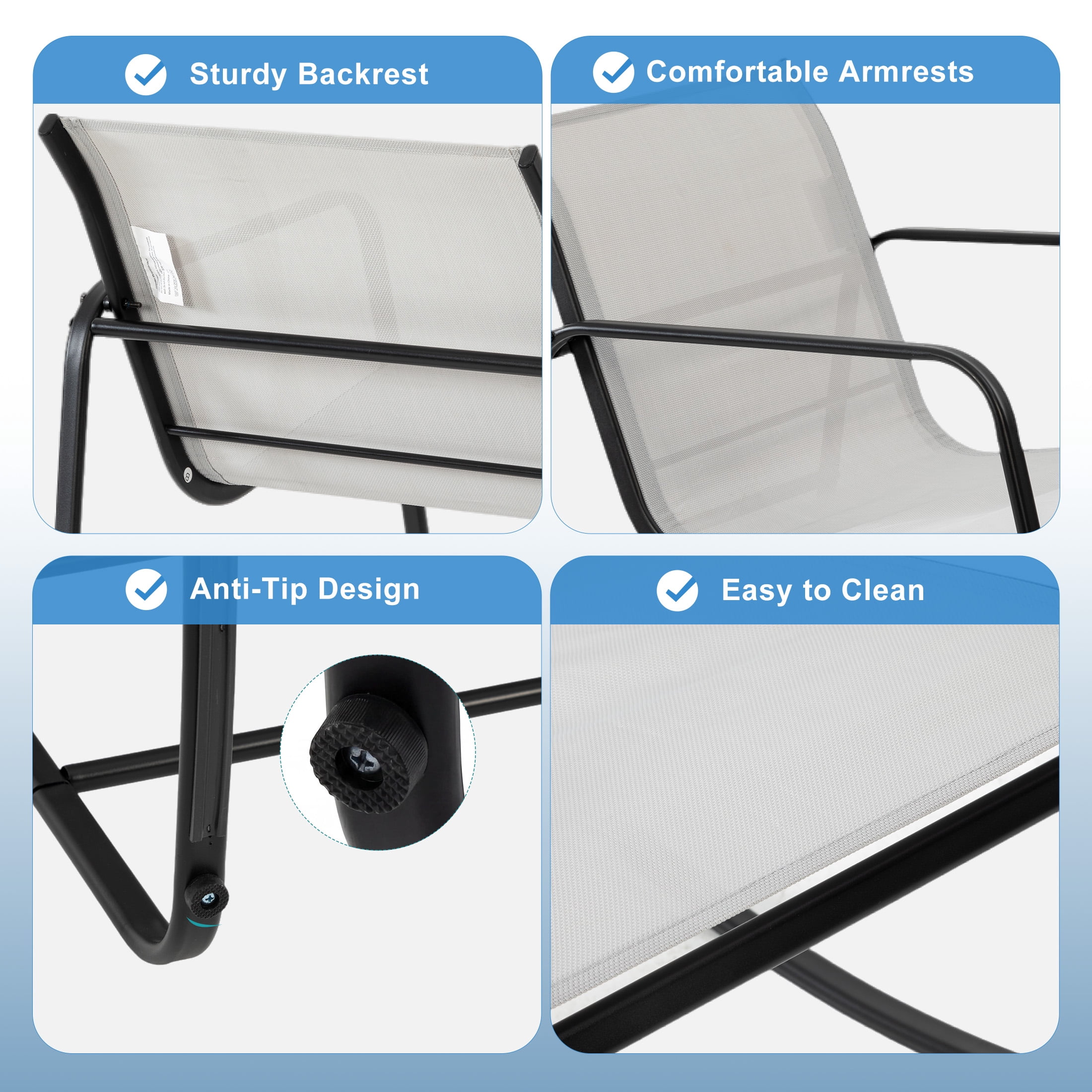edx 3-Piece Outdoor Rocking Bistro Set with Glass Table Perfect for Poolside, Porch & Lawn, Gray
