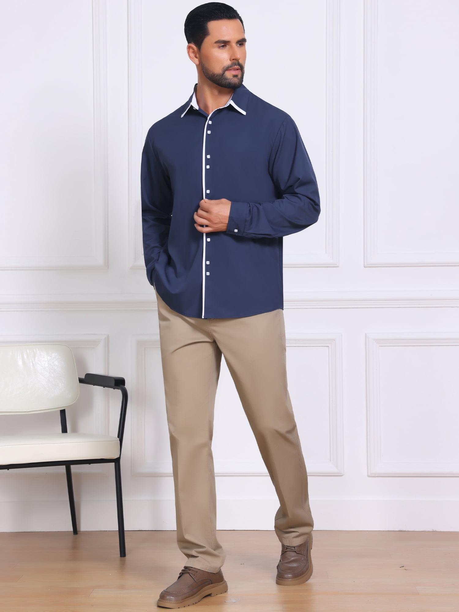 DARING DIVA Men's Contrast Trim Long Sleeve Button Down Formal Shirts 2XL Dark Blue