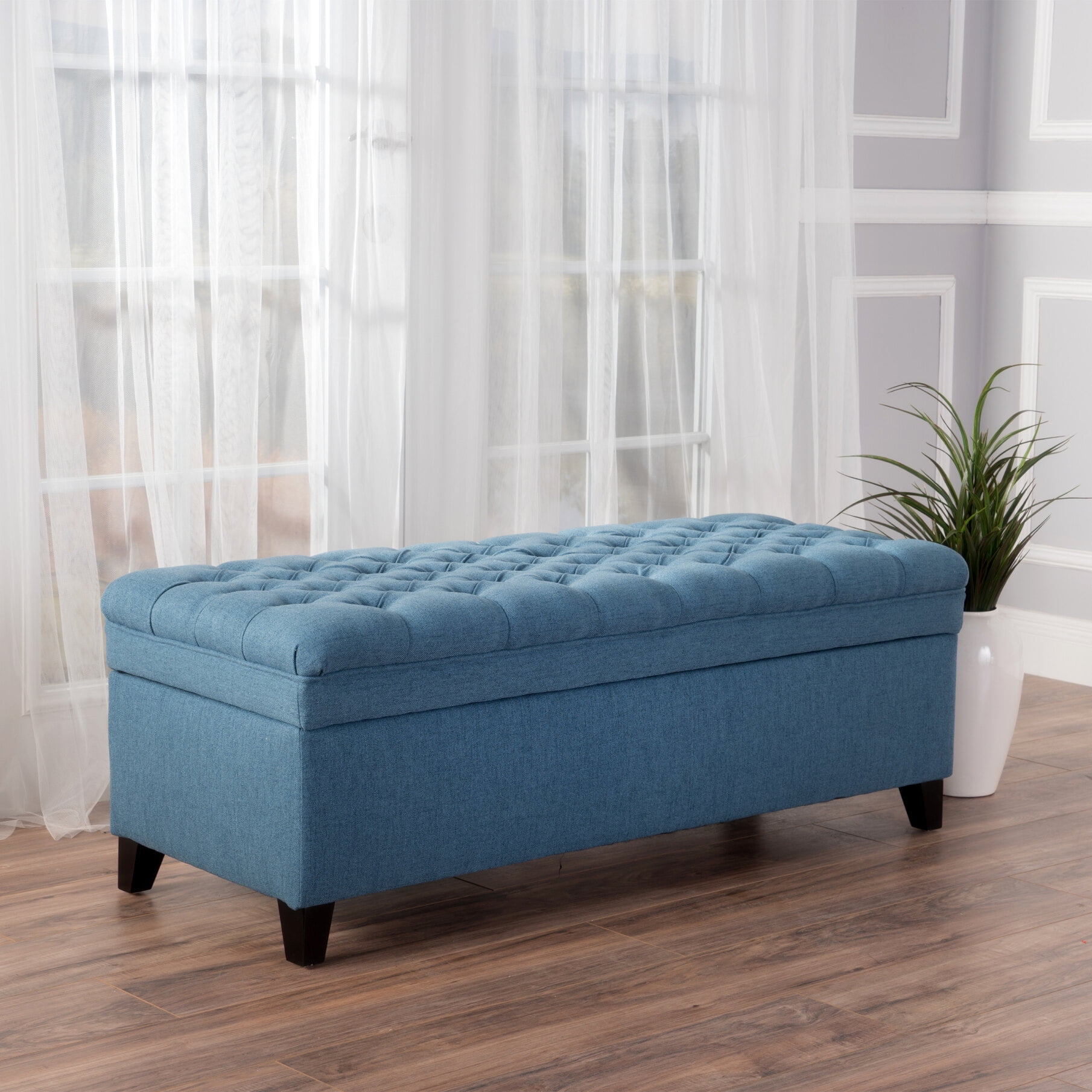 50" Storage Ottoman, Storage Ottoman Bench with Wooden Legs and Safety Hinge, Tufted Entryway Bedroom Bench, Holds up to 330 lb, for Living Room, Bedroom, Dark Blue