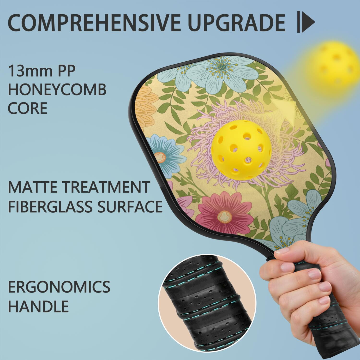 Pickleball Paddles Set Of 1, Fiberglass Surface, Vintage Floral Print, 1 Paddle, 2 Balls & Bag