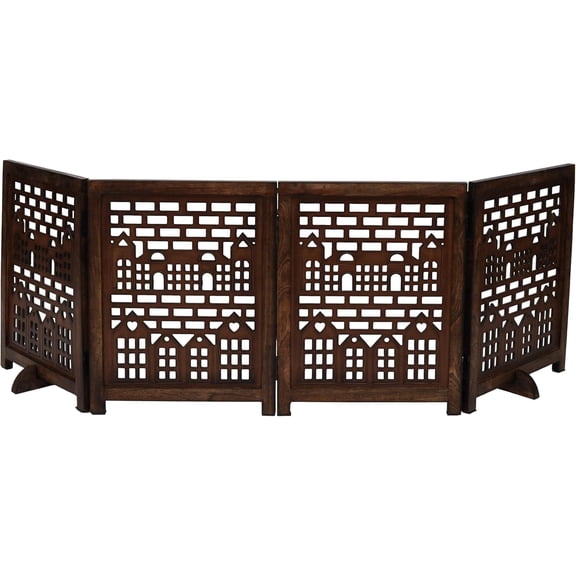 The Wooden Town Freestanding Pet Gate for Dogs, Foldable 4-Panel Wooden Dog Gate, 72" w x 18" h, Burnt Finish, Indoor Use