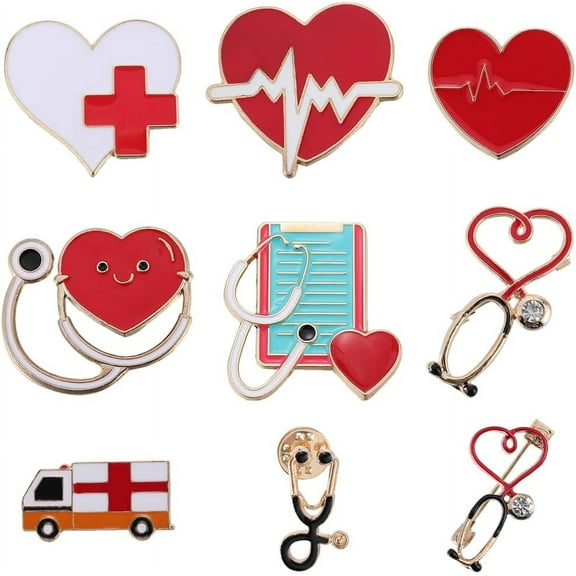 1 Box 9Pcs Enamel Medical Pins Nurse Brooch Set Alloy Cute Heart Stethoscope Nurse Themes Brooch Badges Safety Lapel Pin Brooches Accessories Bulk for Women Men Backpack Clothes Hat Bag Gift for DIY