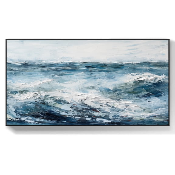 Large Abstract Sea Waves Oil Painting Ocean Scenery Canvas Wall Art Blue Ocean Landscape Abstract Minimalist Seascape for Wall Decor,Unstretched,Frameless,(41*61cm)16*32Inches