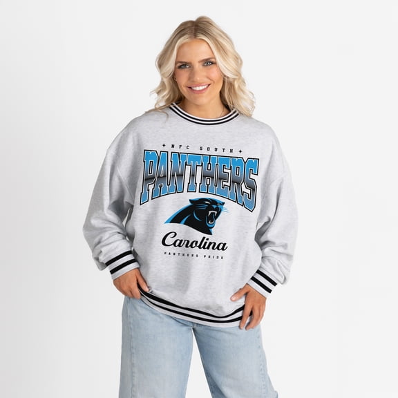 Women's Gameday Couture Ash/Black Carolina Panthers Oversized Gridiron Drive Ringer Stripe Sweatshirt