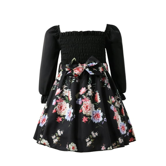 Bearichfupo Girls Long Sleeve Dresses Square Neck Smocked Ruffle Floral Patchwork Dress, Sizes 3-4 Years