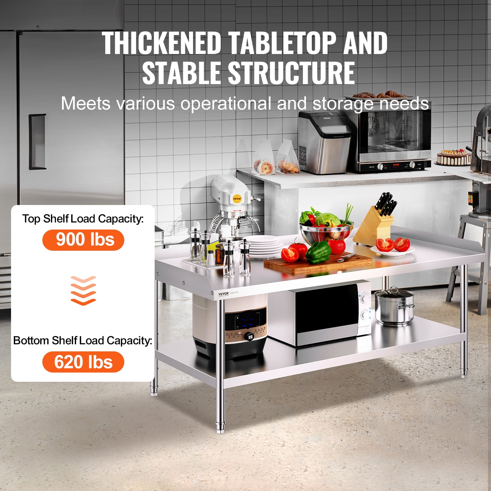 VEVOR Stainless Steel Work Table, 30 x 60 x 26 Inch Commercial Food Prep Worktable, 3-Sided Backsplash Heavy Duty Prep Worktable, Metal Work Table for Restaurant Home Hotel