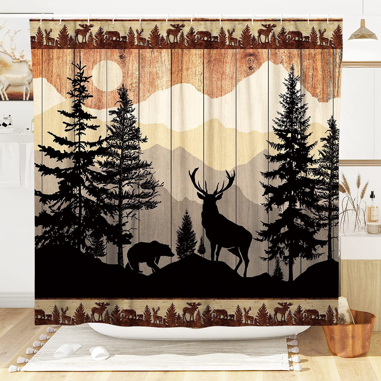 Rustic Hunting Deer Shower Curtain Set for Bathroom, Forest Woodland Cabin Bathroom Decorations, Farmhouse Country Lodge Bathroom Decor Polyester Fabric-72" x 72"