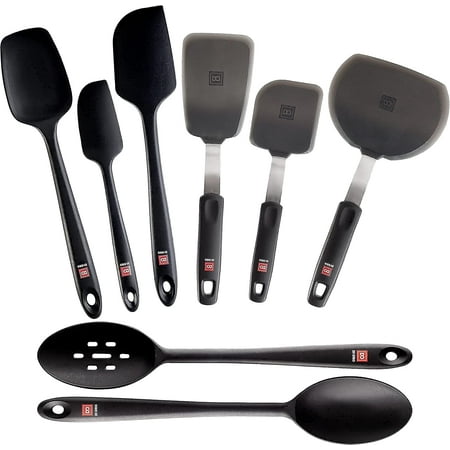 

DI ORO 8 Piece Silicone Kitchen Utensil Set - 600°F Heat-Resistant Rubber Kitchen Turner Spatulas Spoons and Spoonula - Dishwasher Safe Flexible and Heavy-Duty Cooking and Baking Tools Black