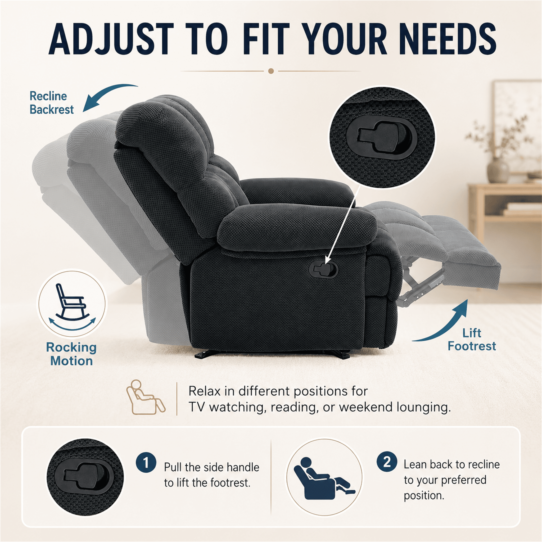 Homy Casa Rocking Recliner Chair, Manual Fabric Recliner with Footrest for Living Room, Dark Gray