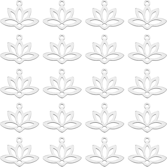 20Pcs 201 Stainless Steel Pendants Laser Cut Hollow Lotus Stainless Steel Color 14x18.5x1mm Hole: 1.6mm