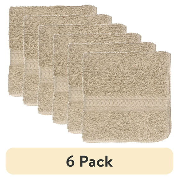 (6 pack) Mainstays Basic Washcloth, Soft 100% Cotton and Highly Absorbent Washcloth, Tan