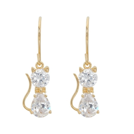 Silver Plated Cat - 18kt Yellow Gold Plated Sterling Silver Cubic Zirconia Cat Dangle Earrings