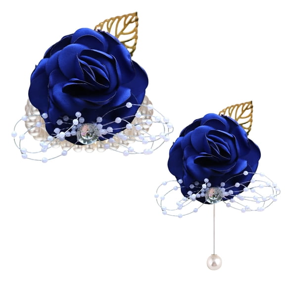 1 Pcs Rose Wrist Corsage and Boutonniere Set,Wedding Corsage Wristlet Bride Bridesmaids Groom Groomsmen Flowers Accessories Prom Party Suit Decorations for Ceremony Wedding Decor Dinner(Dark Blue)