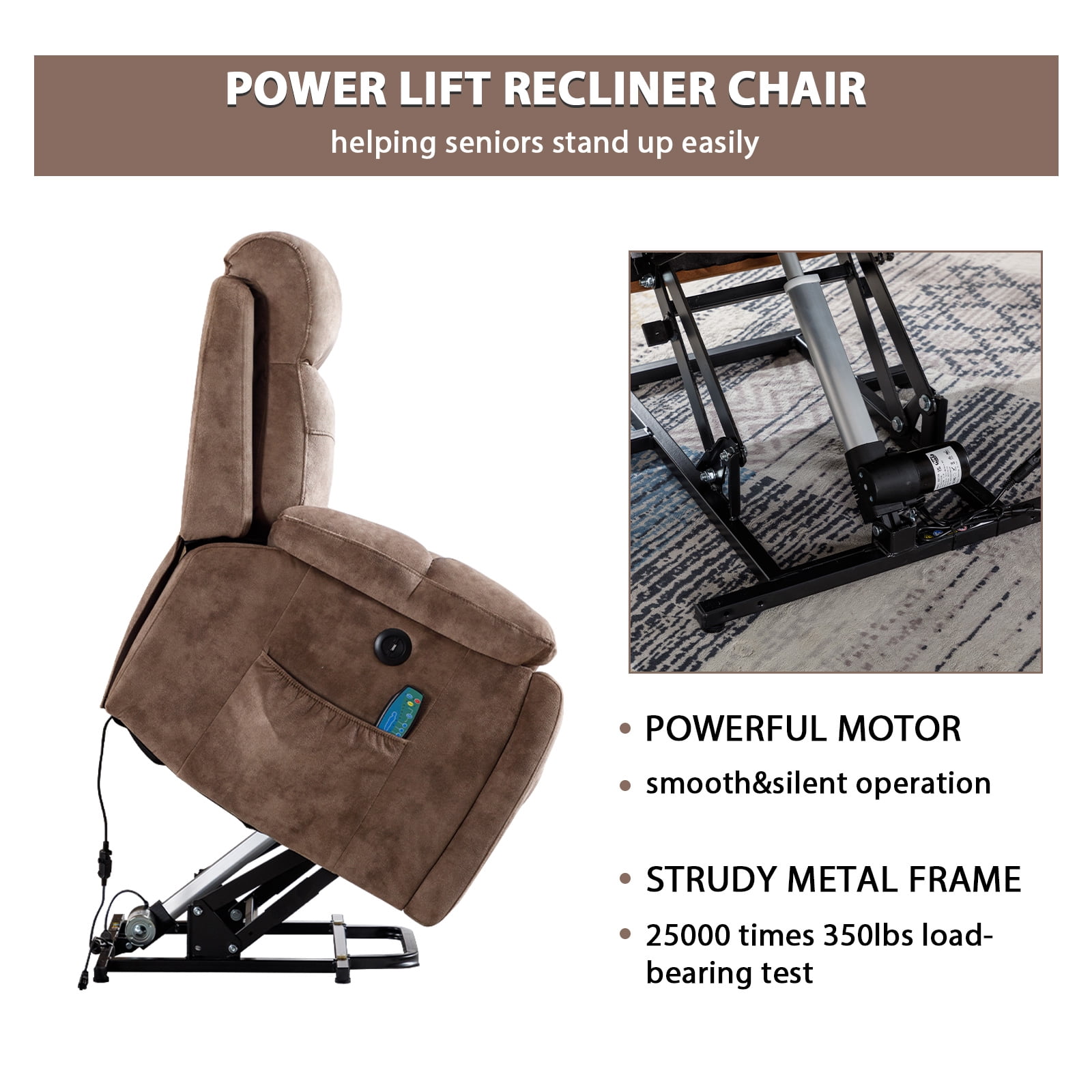Bonzy Home Fabric Power Lift Recliner Chair with Massage, Heat Therapy, Hidden Cup Holders and Side Storage Pocket for Elderly Daily Home Use