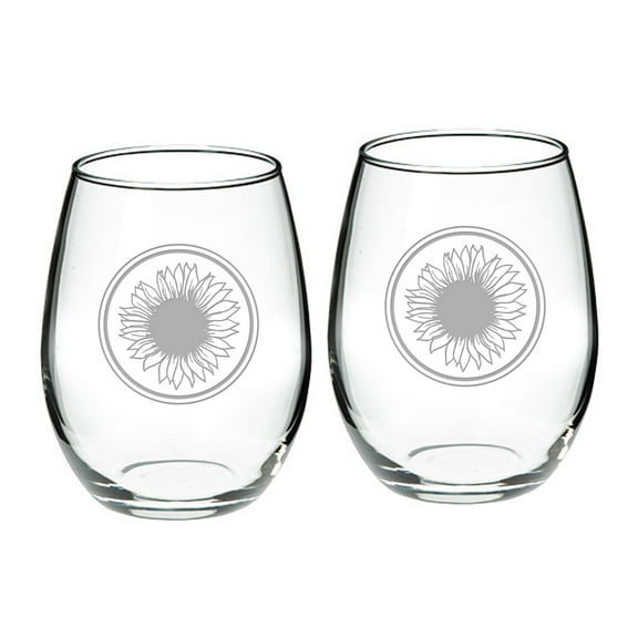 Sunflower Deep Etched Stemless Red Wine Glass