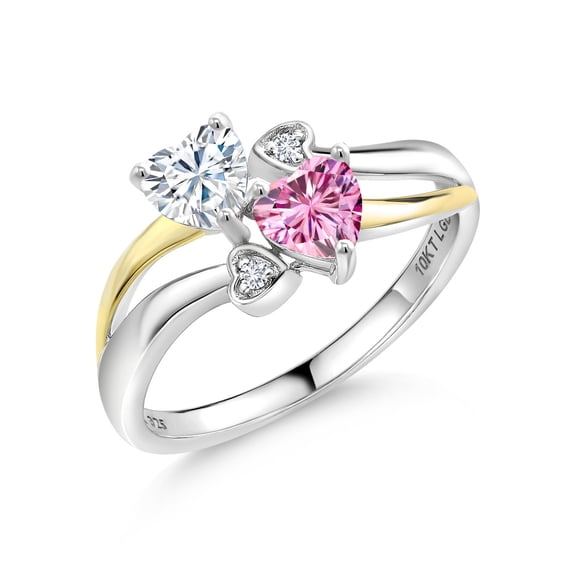 Gem Stone King 925 Silver and 10K Yellow Gold White Moissanite and Pink Moissanite and White Lab Grown Diamond Ring for Women (0.94 Cttw, Gemstone, Heart Shape 5MM, Size 7)