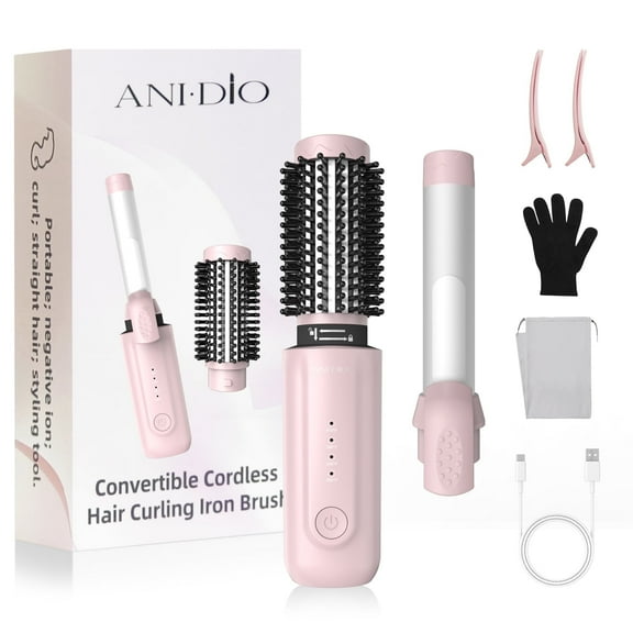 Cordless Curling Iron Brush, 2-in-1 Travel Set, Portable Heat, Rechargeable for Curl, 4 Temperature Levels, Pink