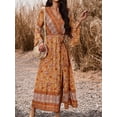 thumbnail image 3 of Cenuakty Women's Summer Bohemia Long Dress Long Sleeve Wrap V-Neck Retro Print Tie Front Slit A-Line Dress for Beach, Party, 3 of 8