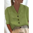 thumbnail image 3 of Camisa de lino y algodón para mujer, cárdigan de un solo pecho con solapa, blusa informal de media manga con burbujas, estilo Simple, Color sólido, nuevo, 3 of 4