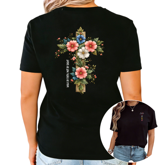 UNISHE Women's Floral Cross Walk by Faith Christian Casual Crew Neck Short Sleeve T-Shirt Top