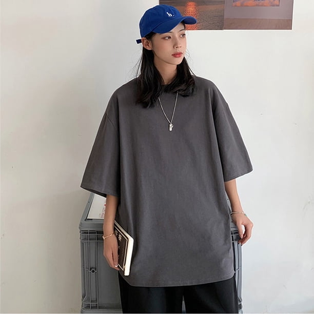 Camiseta 100% de algodón para mujer, de manga corta Camiseta holgada, camisa básica informal con cuello redondo, ropa de gran tamaño de Color sólido