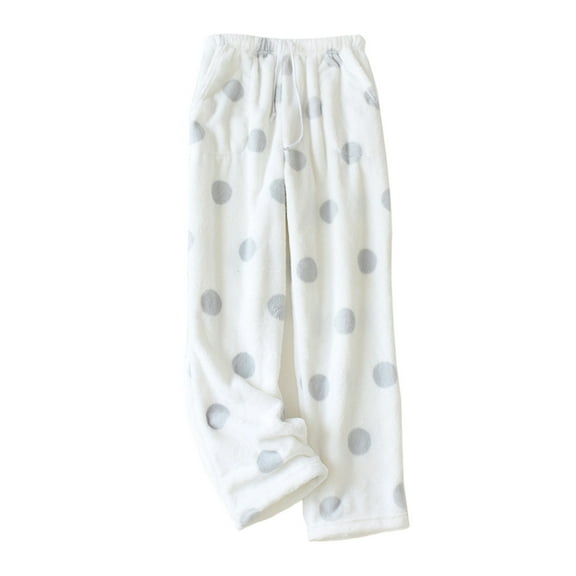 Sunisery Women's Flannel Pajama Pants Fuzzy Winter Warm Wide Leg Solid Color Polka Dot with Side Pockets Drawstring Trousers