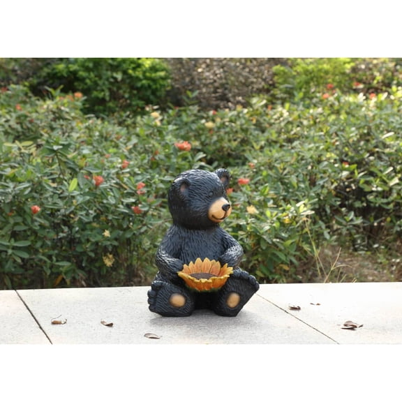 Hi-Line Gifts Bear Cub Holding Sunflower Outdoor Garden Statue - 13"-Black