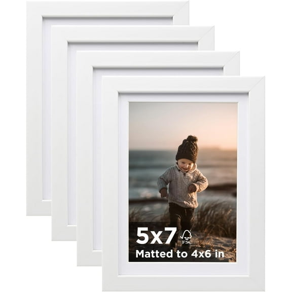 5x7 Picture Frame White Set of 4, Wooden Photo Frames Matted 4x6 with Plexiglass for 4x6 with Mat or 5x7 without Mat for Table and Wall Display