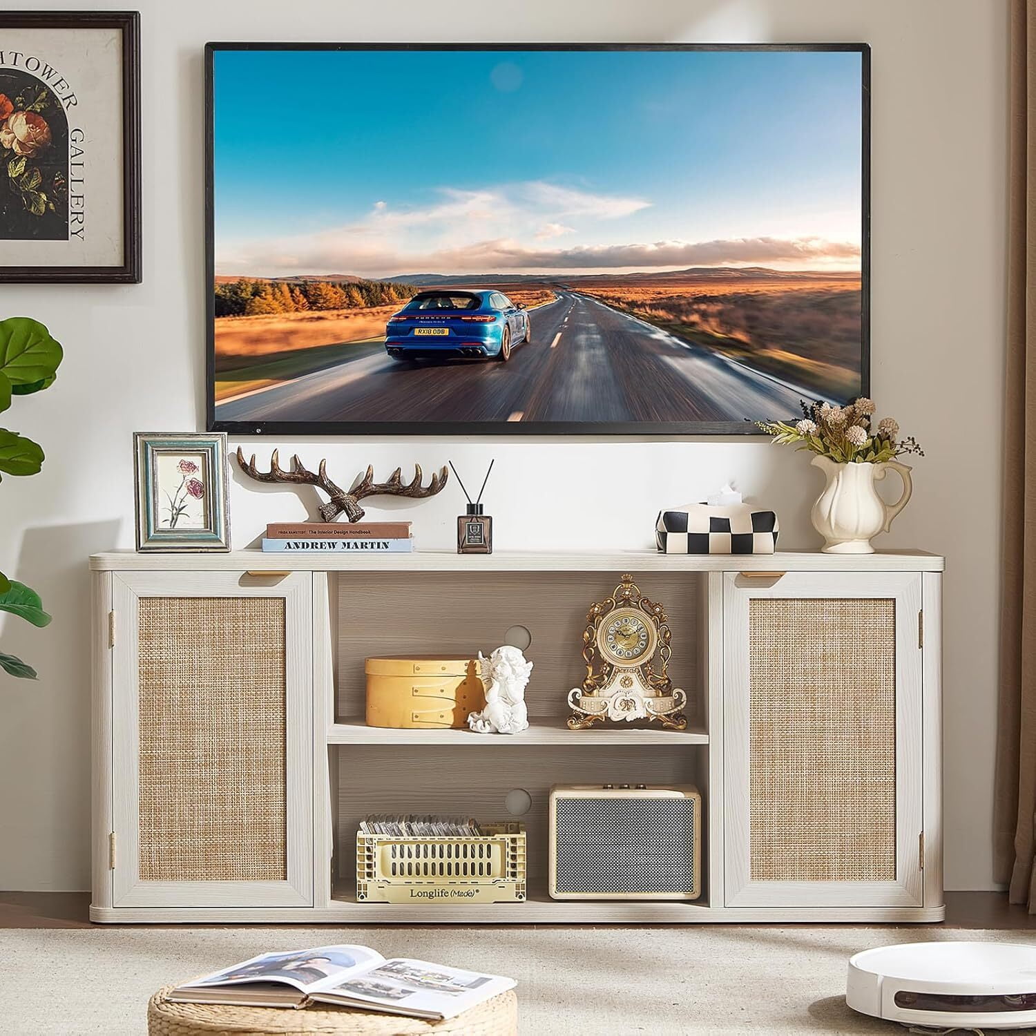 LEYAOYAO Rattan TV Stand for Tvs up to 65 inch, Wood Media Console for Living Room, Grey Oak