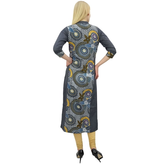 Phagun Women's Mandarin Collar Gray Kurta Kurti Cotton Tunic Indian Clothing-22
