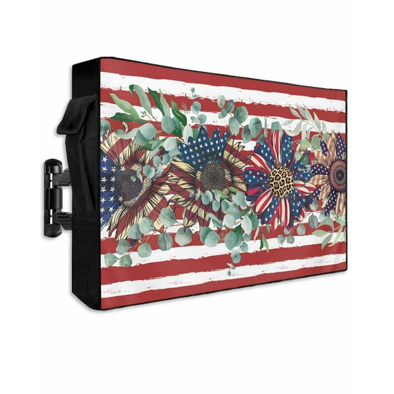 4th of July Outdoor TV Cover 70 to 75 Inch Weatherproof, Red Striped Independence Day Star Botanical 600D Oxford TV Covers with Waterproof Zipper, Outside Flat TV Screen Protector 68"Wx42"Hx4.5"D