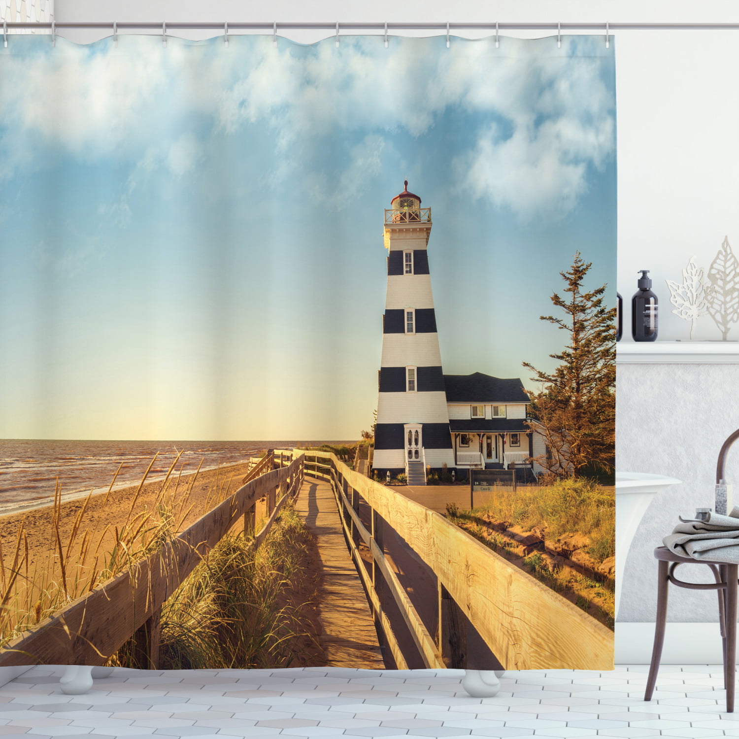 Fabric Shower Curtain Set Seaside Wooden Walkway Lighthouse Bathroom Decor Hooks 